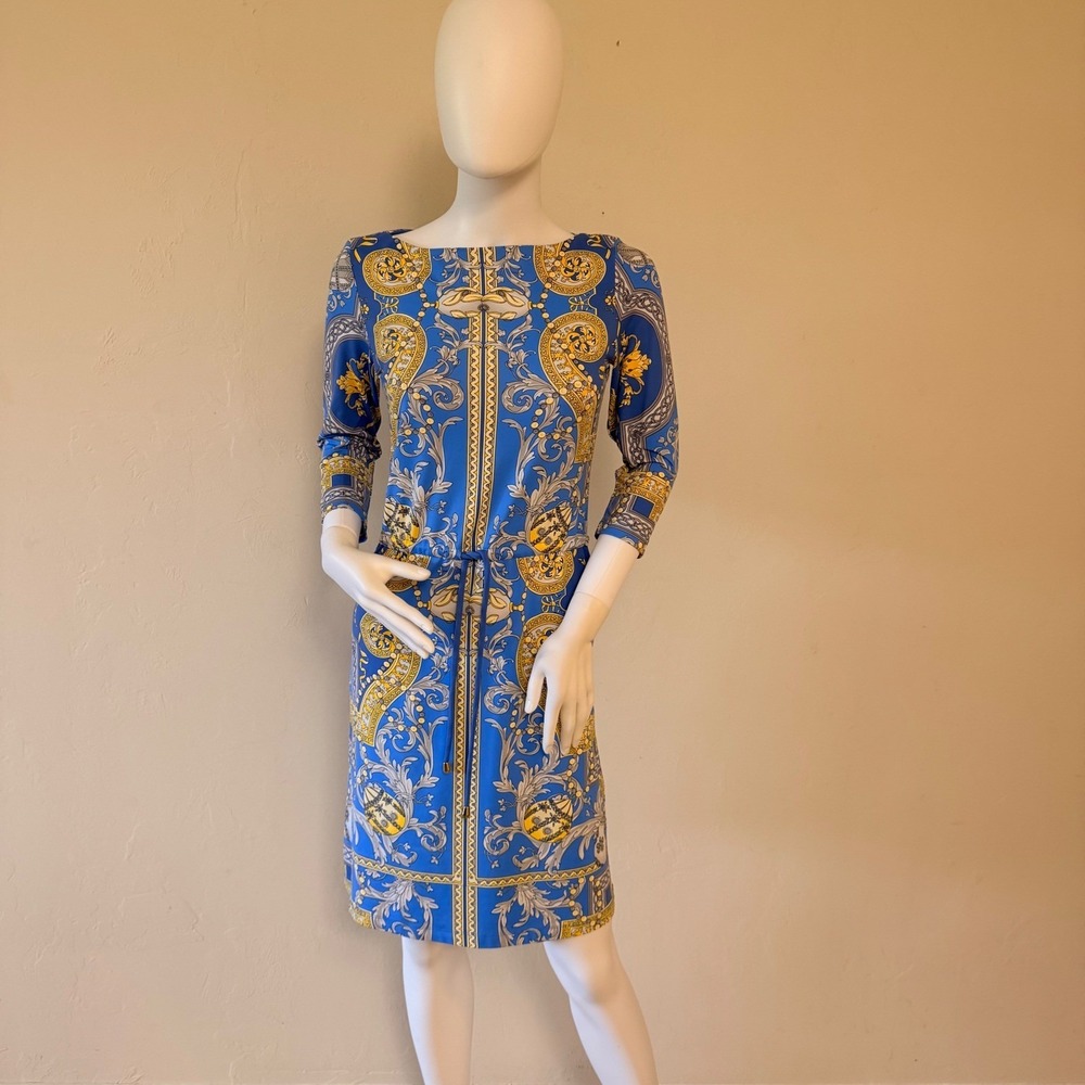 J.McLaughlin Blue Gold Baroque Print Sheath Dress XS 3/4 Sleeve Drawstring Waist